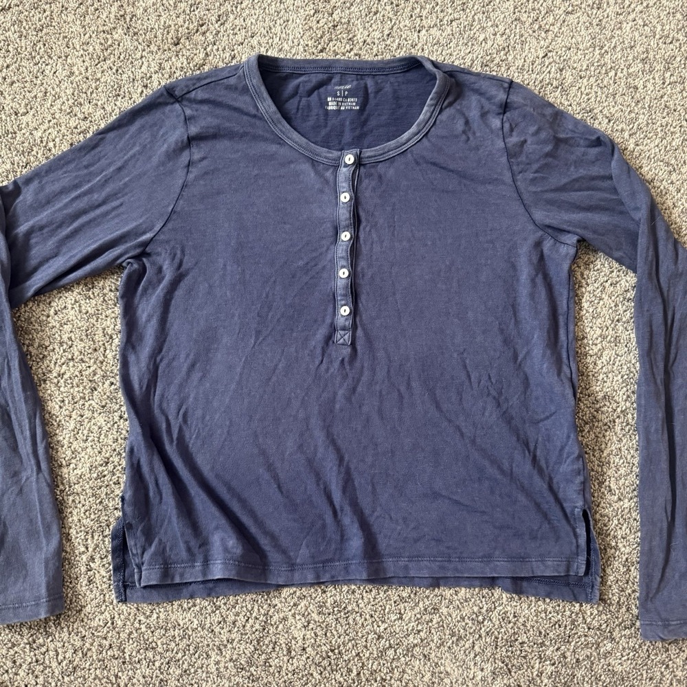 Aerie Long Sleeve Henley Tee Sz S Womens Blue Casual Cozy Classic Basic cotton
